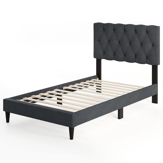 Upholstered Platform Bed, Tufted Headboard, Wooden Slats, Twin Size, Gray