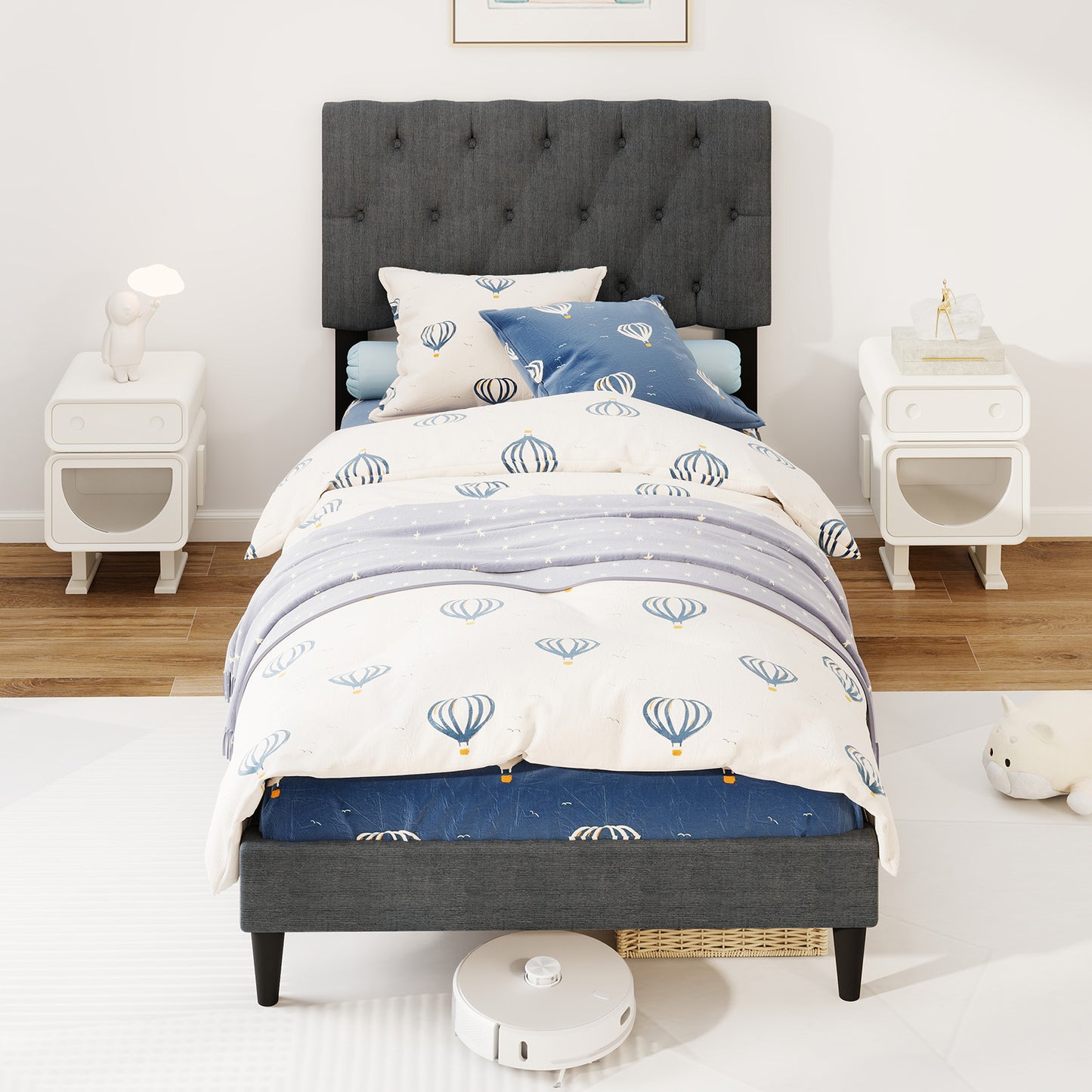 Lit à Plateforme Capitonné, Tête de Lit Capitonnée, Lattes en Bois, Taille Jumeau, Gris