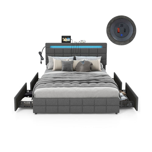 Queen Size Upholstered LED Bed Frame With Headboard And 4 Drawers, Gray