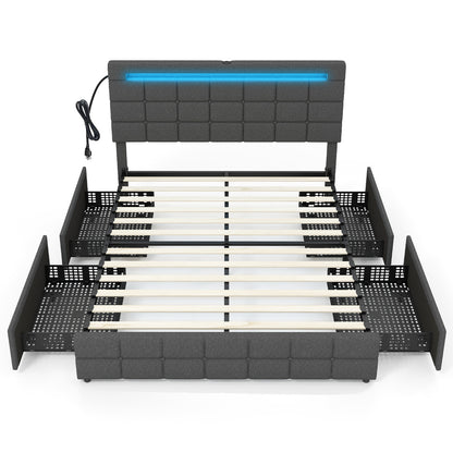 Queen Size Upholstered LED Bed Frame With Headboard And 4 Drawers, Gray Simple Bed Frame at Gallery Canada