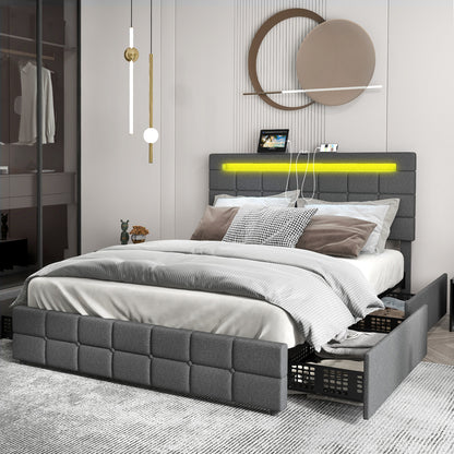 Queen Size Upholstered LED Bed Frame With Headboard And 4 Drawers, Gray Simple Bed Frame at Gallery Canada