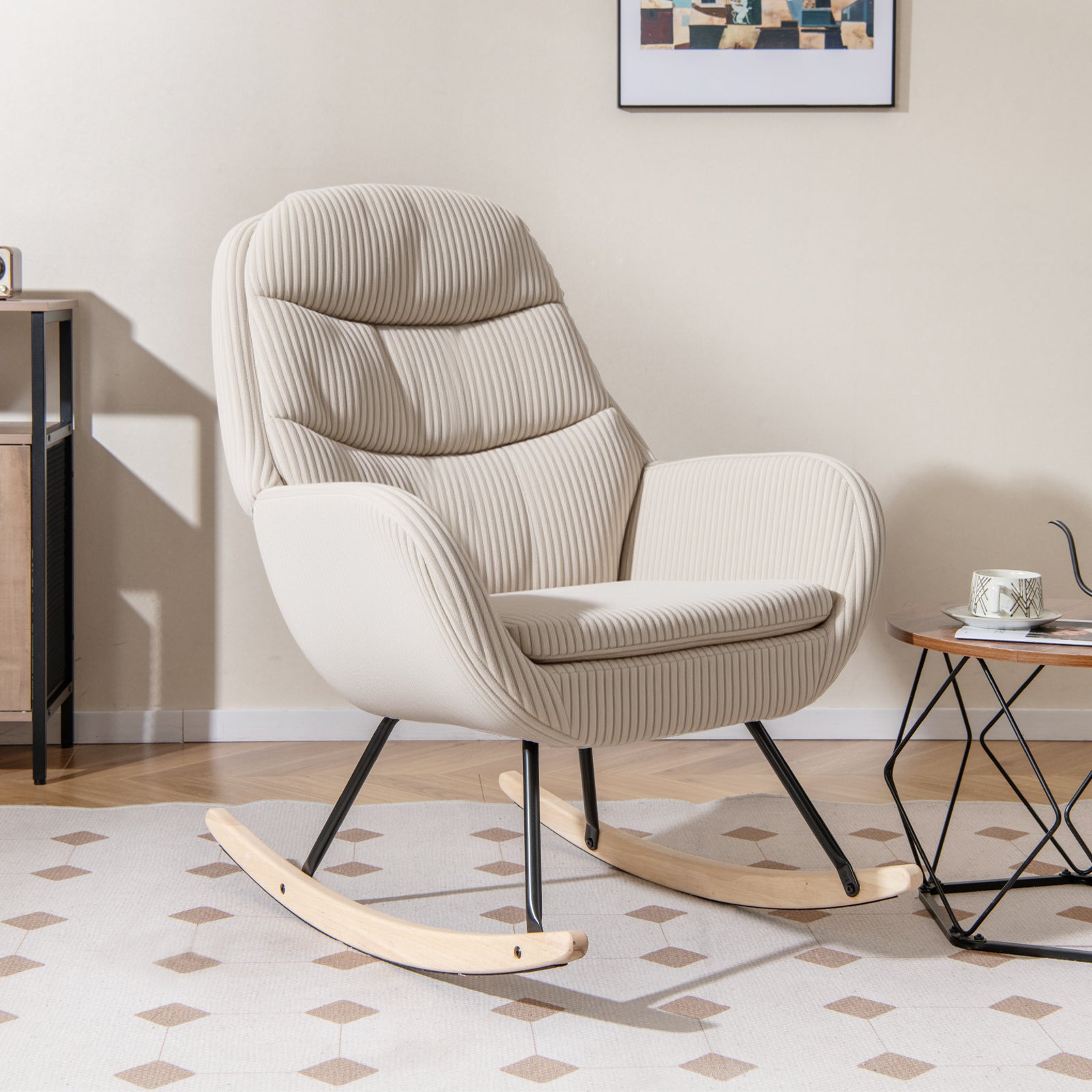 Upholstered Rocking Chair Nursery Glider Rocker with Padded Backrest and Seat, Beige Chairs at Gallery Canada