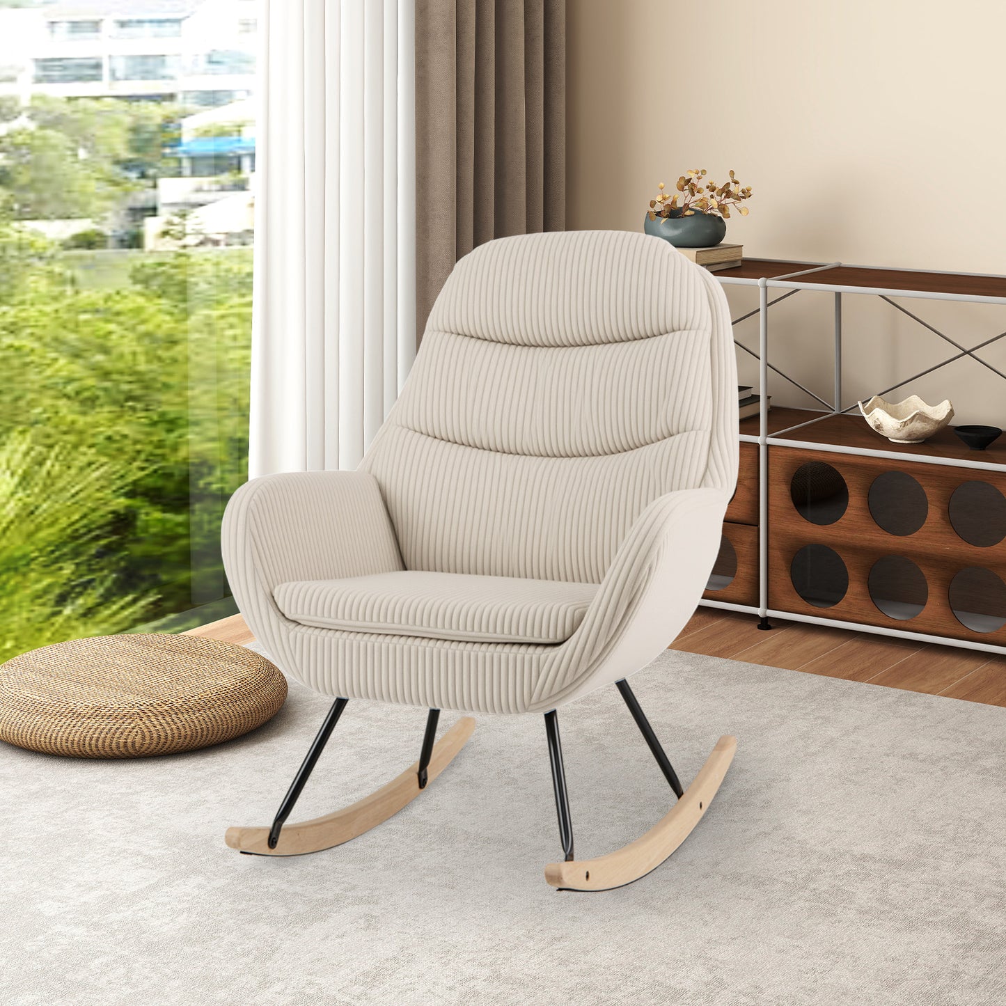 Upholstered Rocking Chair Nursery Glider Rocker with Padded Backrest and Seat, Beige Chairs at Gallery Canada