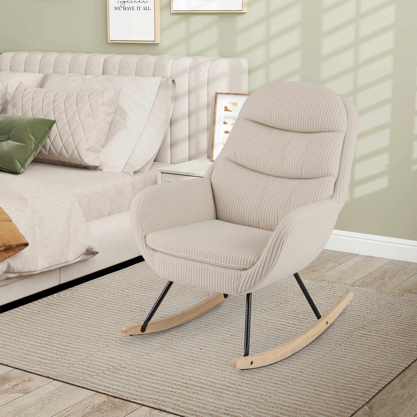 Upholstered Rocking Chair Nursery Glider Rocker with Padded Backrest and Seat, Beige Chairs at Gallery Canada