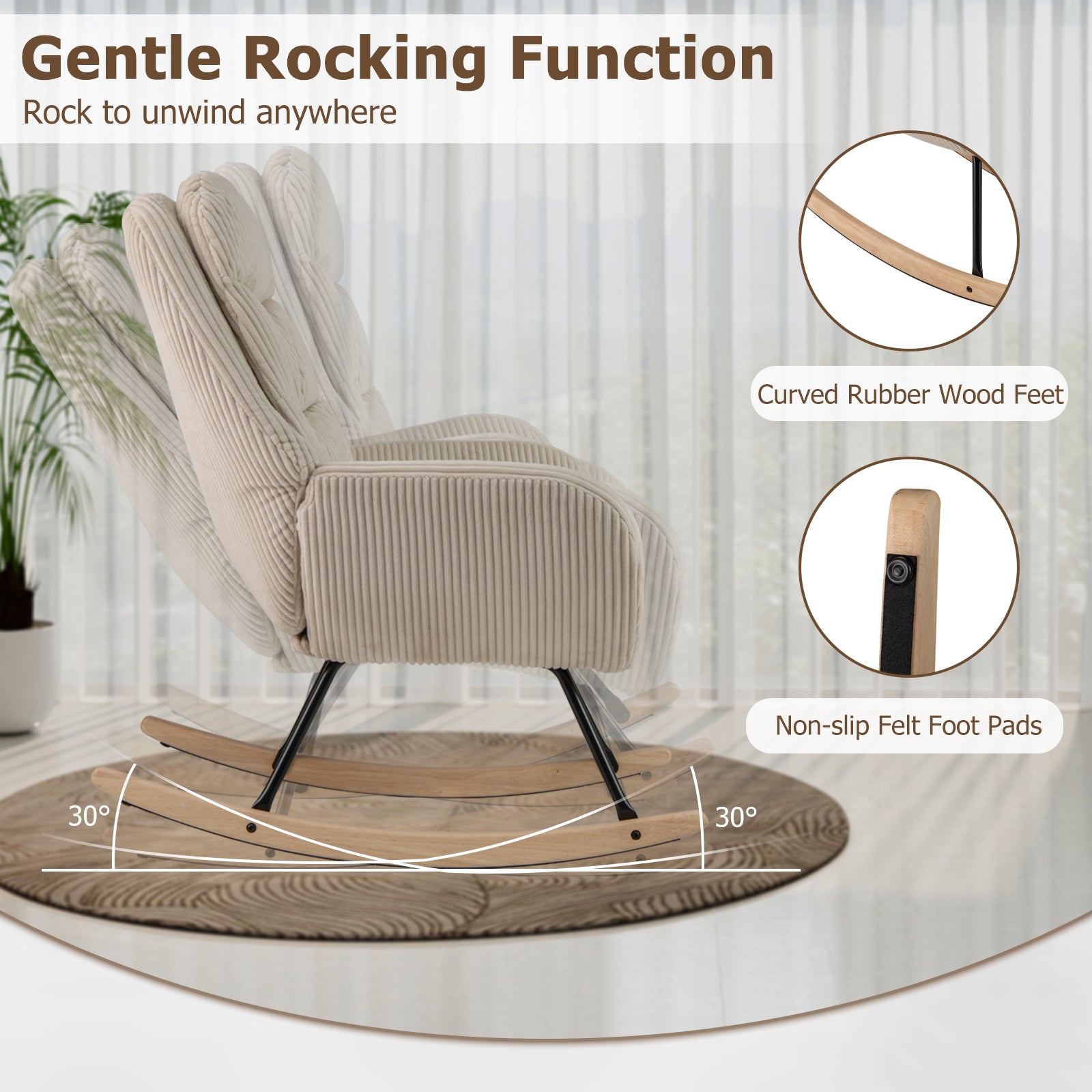 Upholstered Rocking Chair Nursery Glider Rocker with Padded Backrest and Seat, Beige Chairs at Gallery Canada