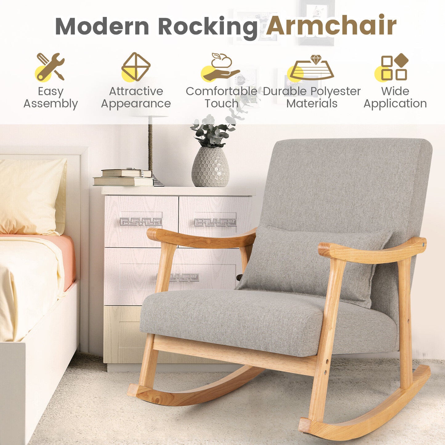 Upholstered Rocking Chair With Pillow, Gray Accent Chairs at Gallery Canada