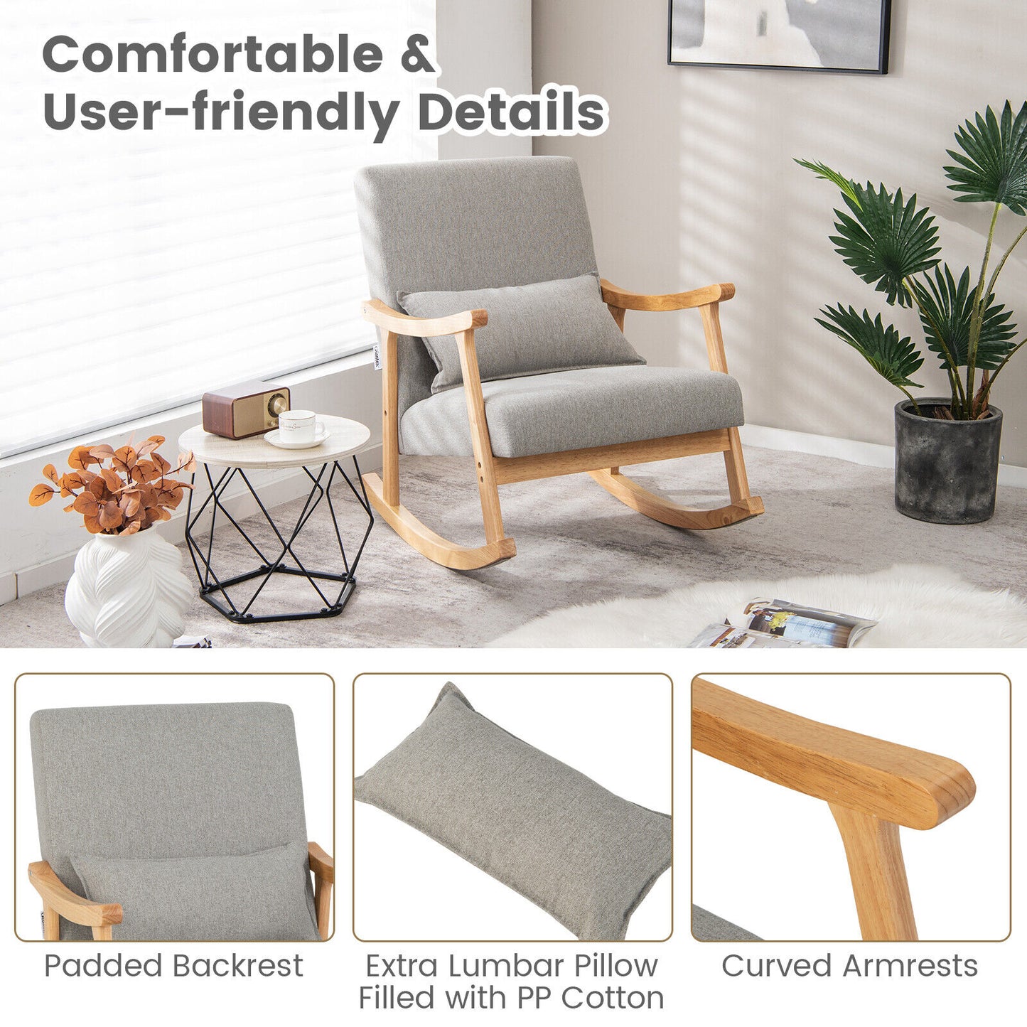 Upholstered Rocking Chair With Pillow, Gray Accent Chairs at Gallery Canada