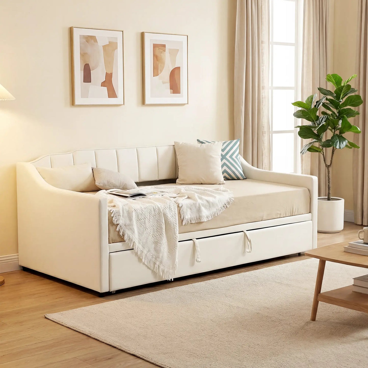 Upholstered Twin Trundle Bed, Extendable Twin To King, Cream White Bed Frames at Gallery Canada