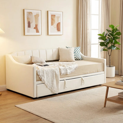 Upholstered Twin Trundle Bed, Extendable Twin To King, Cream White Bed Frames at Gallery Canada