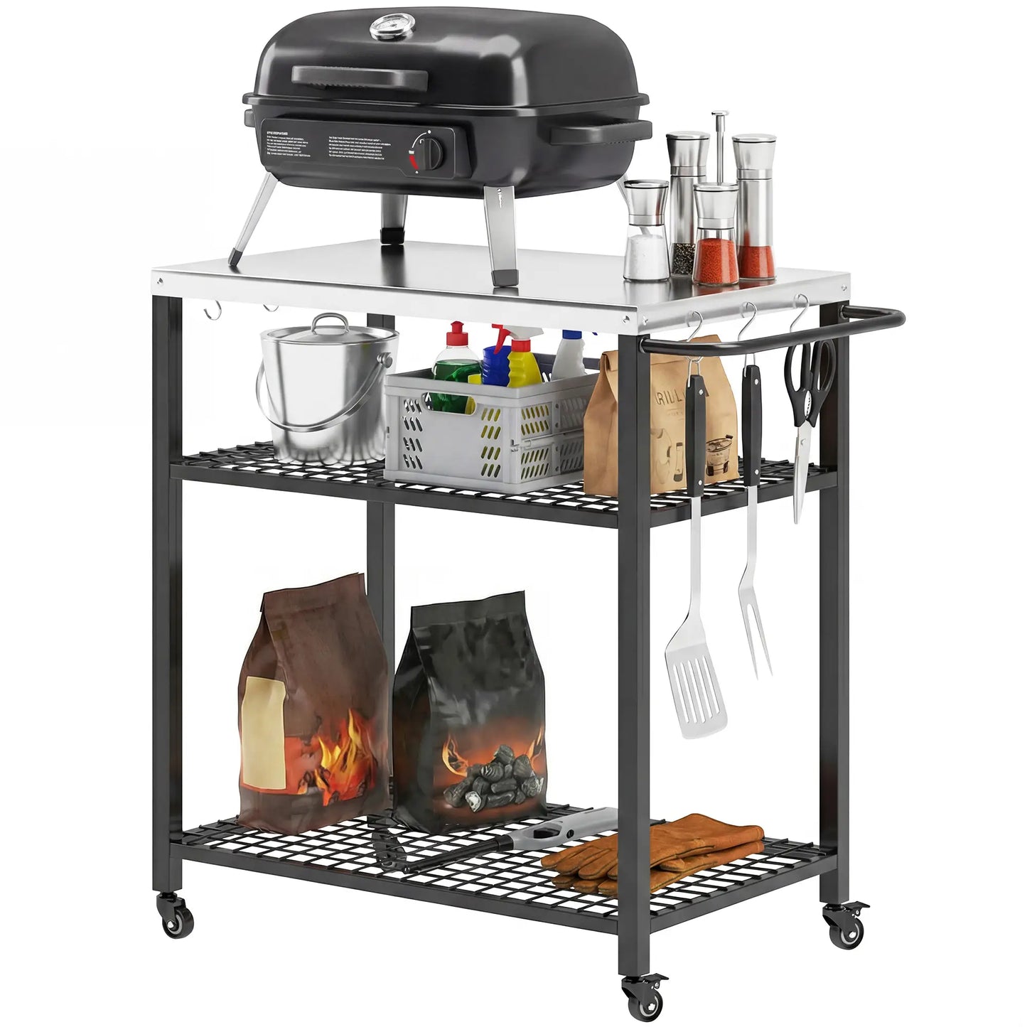 Outdoor Grill Cart With Stainless Steel Top, Two-Shelf Pizza Oven Stand, Black Outdoor Grill Carts Black at Gallery Canada