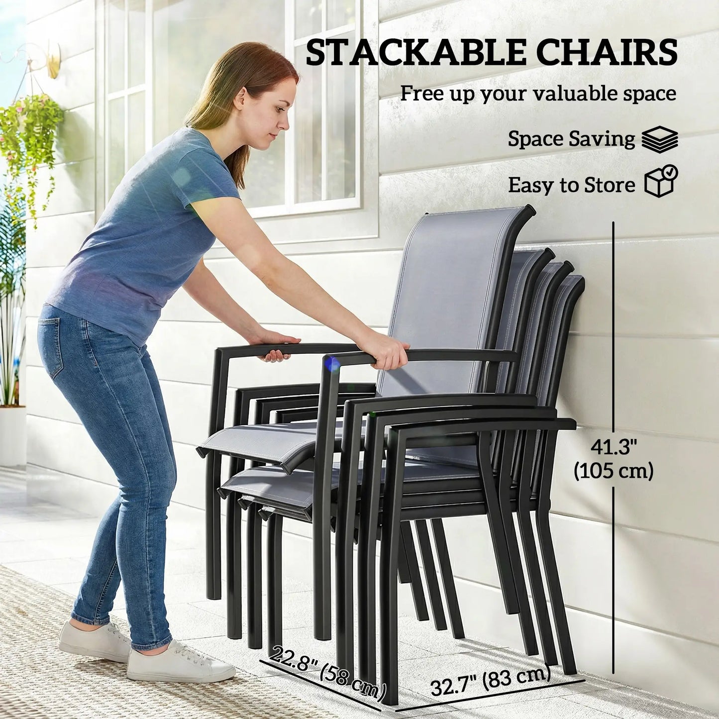 Stackable Patio Chairs Set Of 4, Outdoor Dining Chairs, Grey