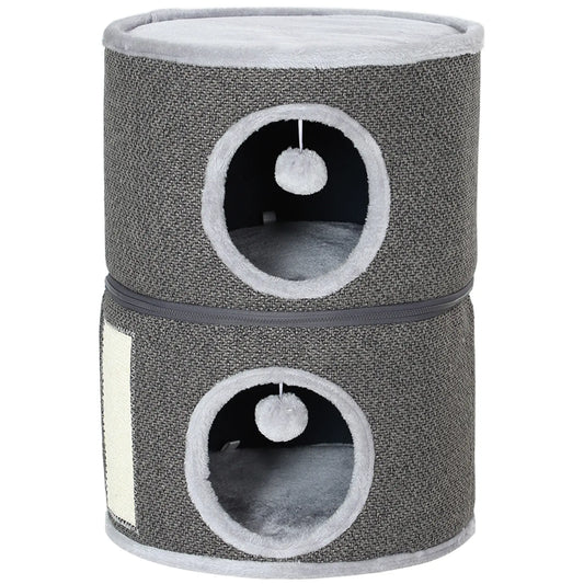 2-Story Cat Condo, Barrel Tree with Perch, Hideaways, Scratching Board, Dark Grey Cat Towers Dark Grey, Light Grey, Cream White at Gallery Canada