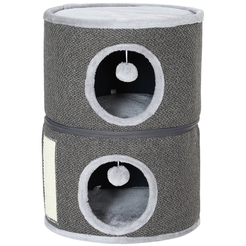 2-Story Cat Condo, Barrel Tree with Perch, Hideaways, Scratching Board, Dark Grey