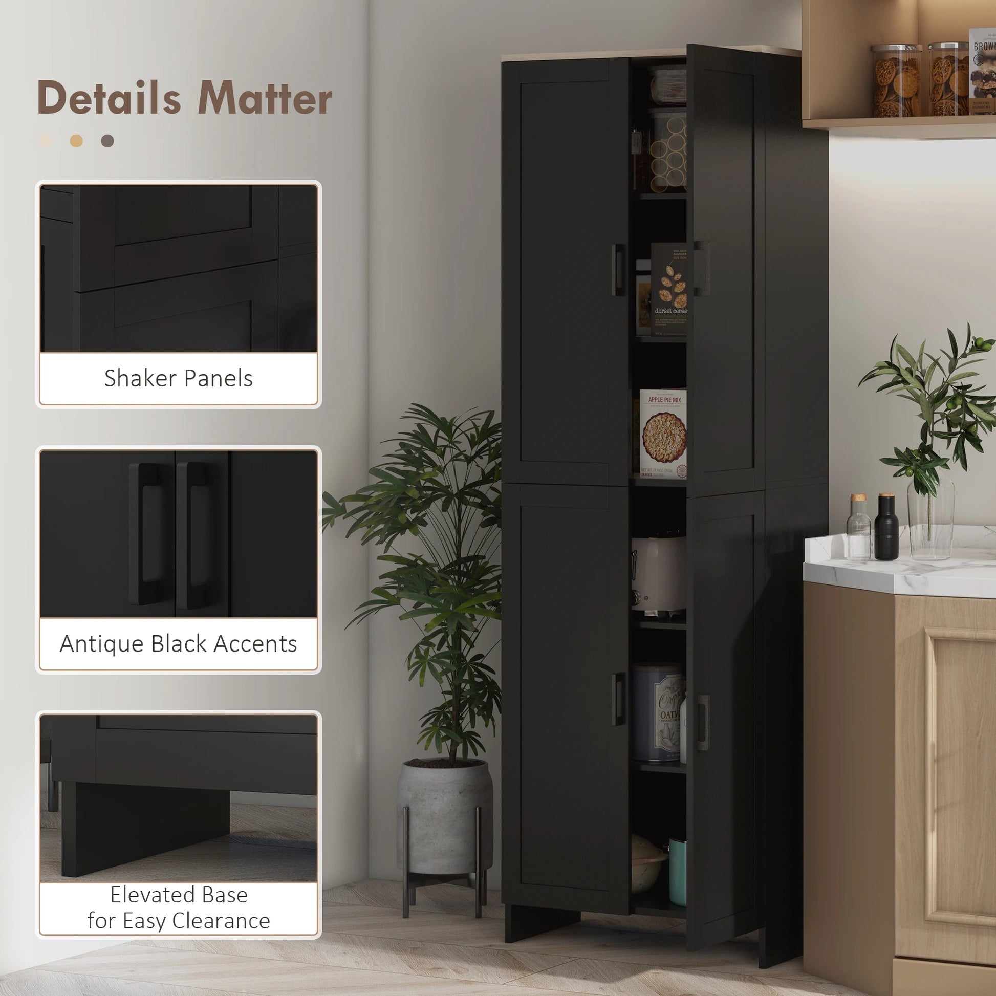 67" 4-Door Kitchen Pantry Cabinet, Adjustable Shelves, Black Kitchen Pantry Cabinets at Gallery Canada
