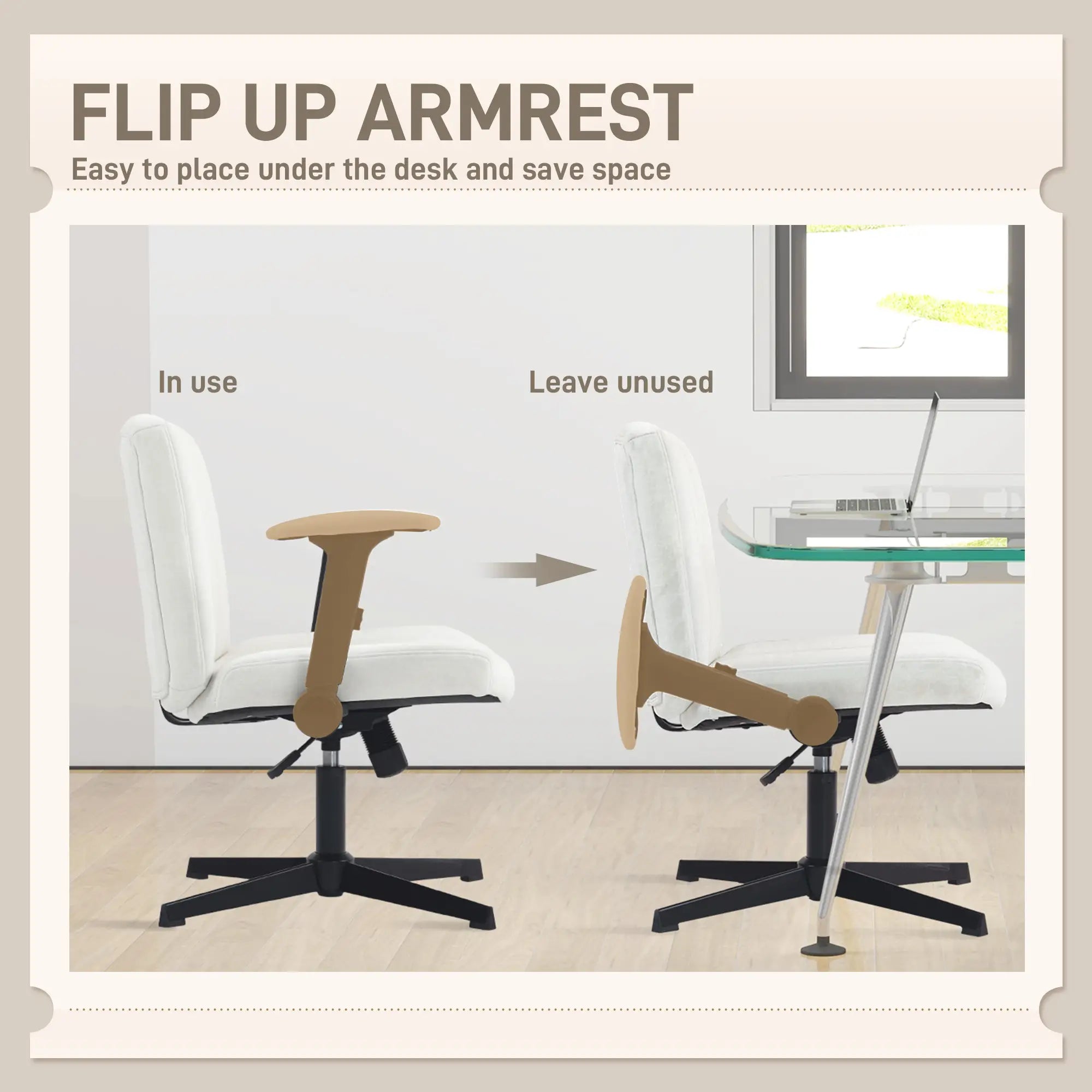 Criss Cross Chair, Flip-Up Armrests, Adjustable Height, Tilting, No Wheels, Beige Task Chairs at Gallery Canada