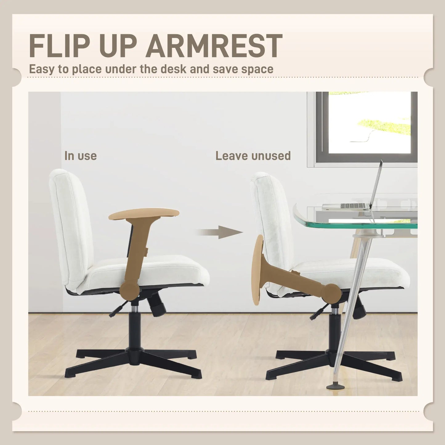 Criss Cross Chair, Flip-Up Armrests, Adjustable Height, Tilting, No Wheels, Beige Task Chairs at Gallery Canada