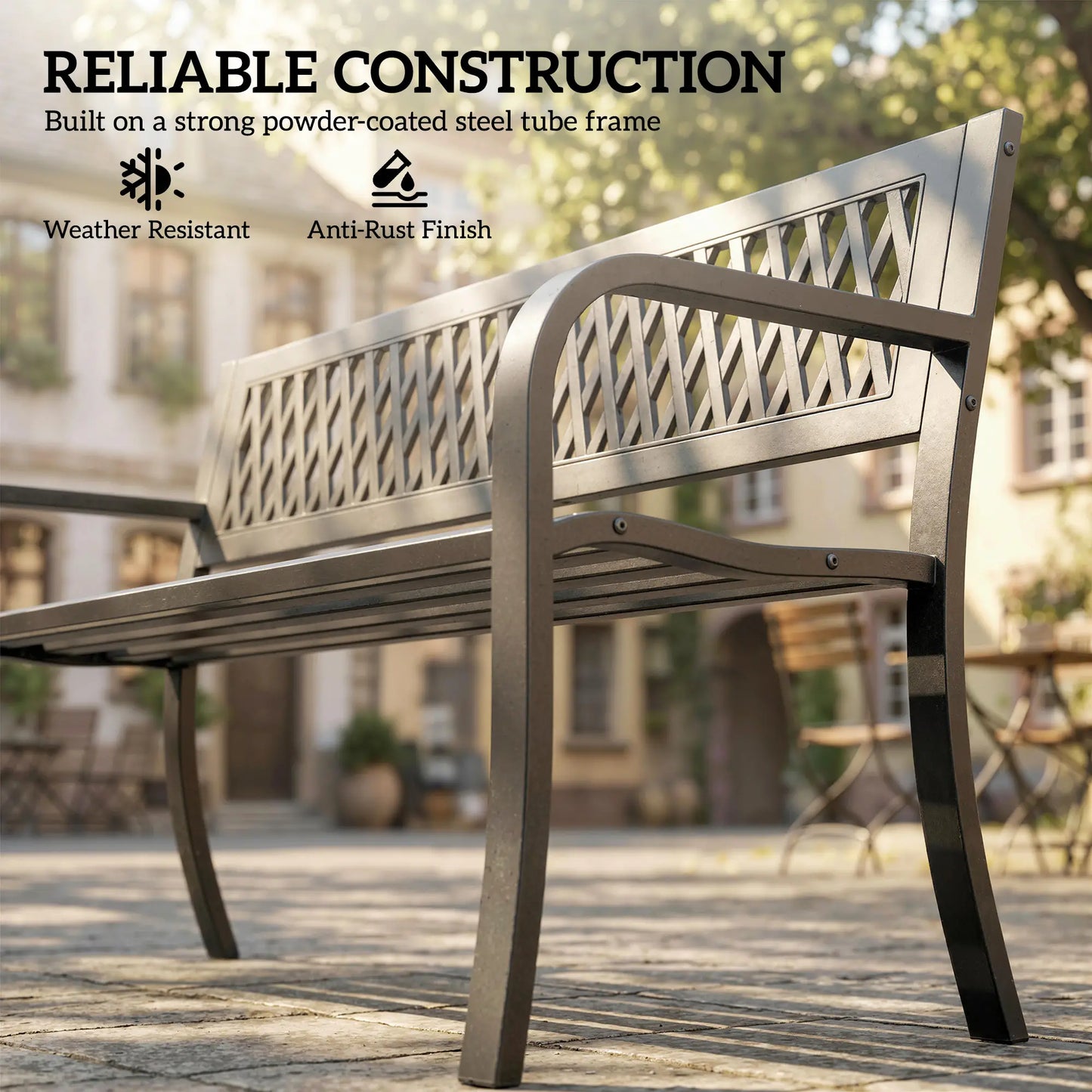 Outdoor Bench With Floral Backrest, 2 Seater Garden Bench With Armrests, Black Outdoor Benches at Gallery Canada