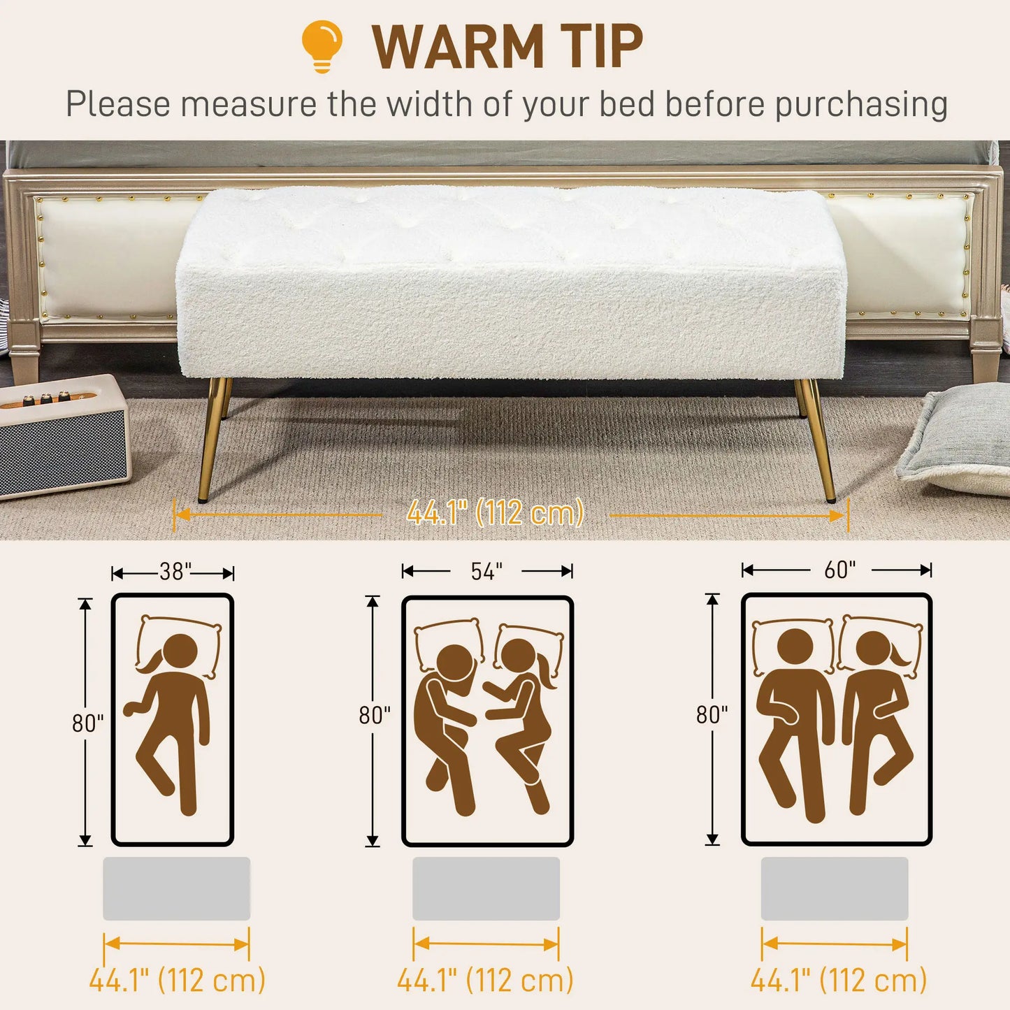 44" Lamb's Wool Upholstered Bedroom Bench, Thick Padded Cushion, Cream White Storage Ottomans & Benches at Gallery Canada