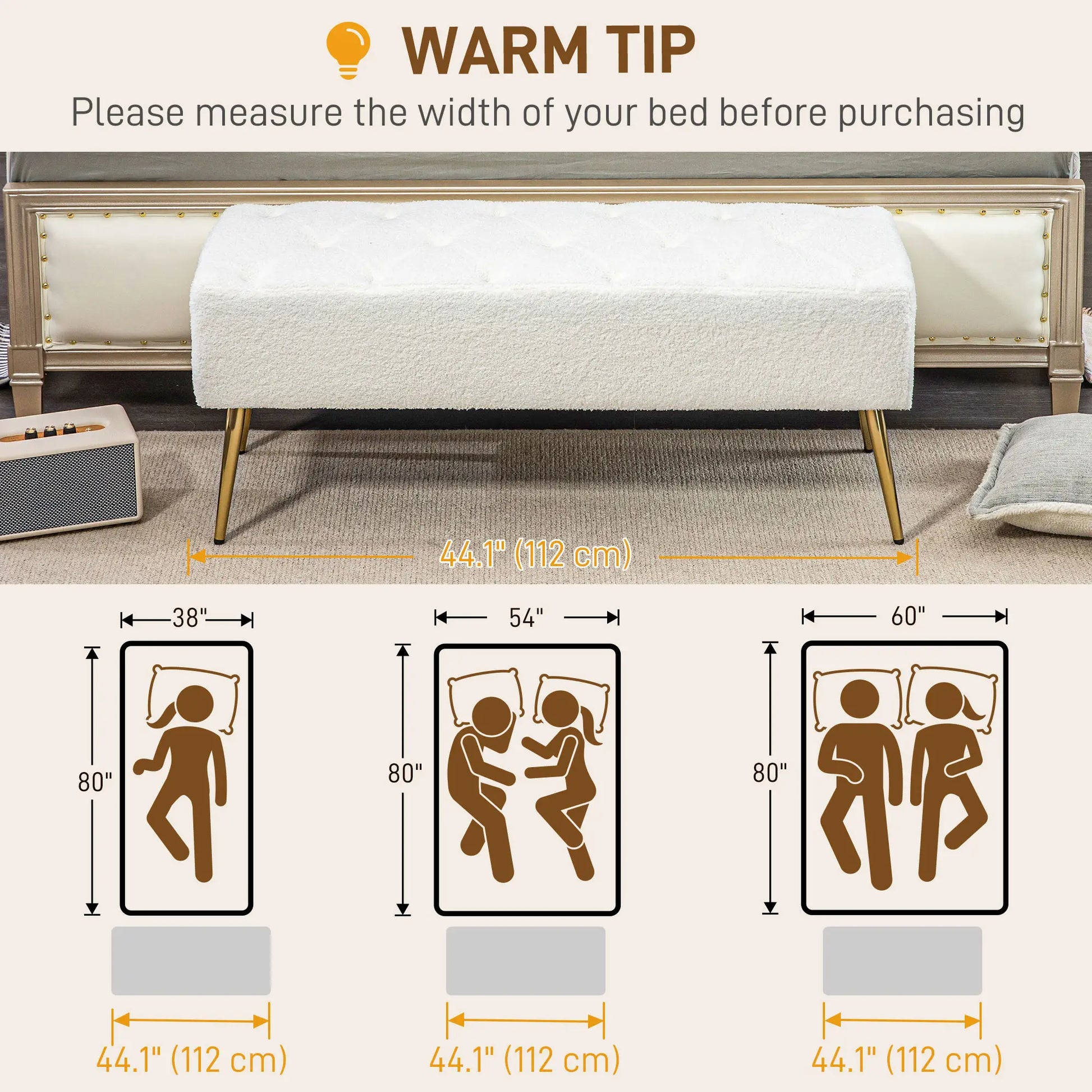 44" Lamb's Wool Upholstered Bedroom Bench, Thick Padded Cushion, Cream White Storage Ottomans & Benches at Gallery Canada