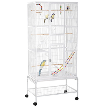 71" Bird Cage With Wheels, Perches, Ramp, Storage Shelf, Toys, White Bird Cages at Gallery Canada