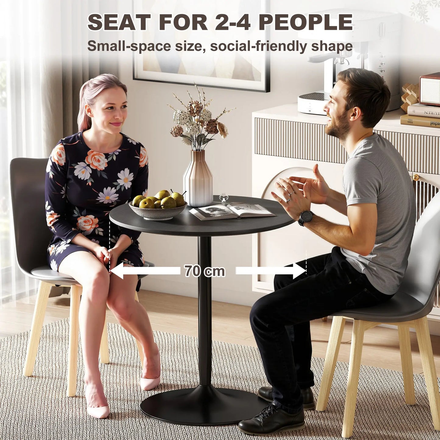 27.6" Round Kitchen Table for 2, Wood Veneer, Steel Base, Black Dining Tables at Gallery Canada