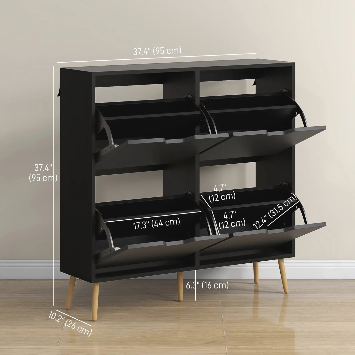 Shoe Storage Cabinet, 4 Flip Drawers, Adjustable Shelf, Holds 8-16 Pairs, Black Shoe Storage Cabinets & Racks at Gallery Canada