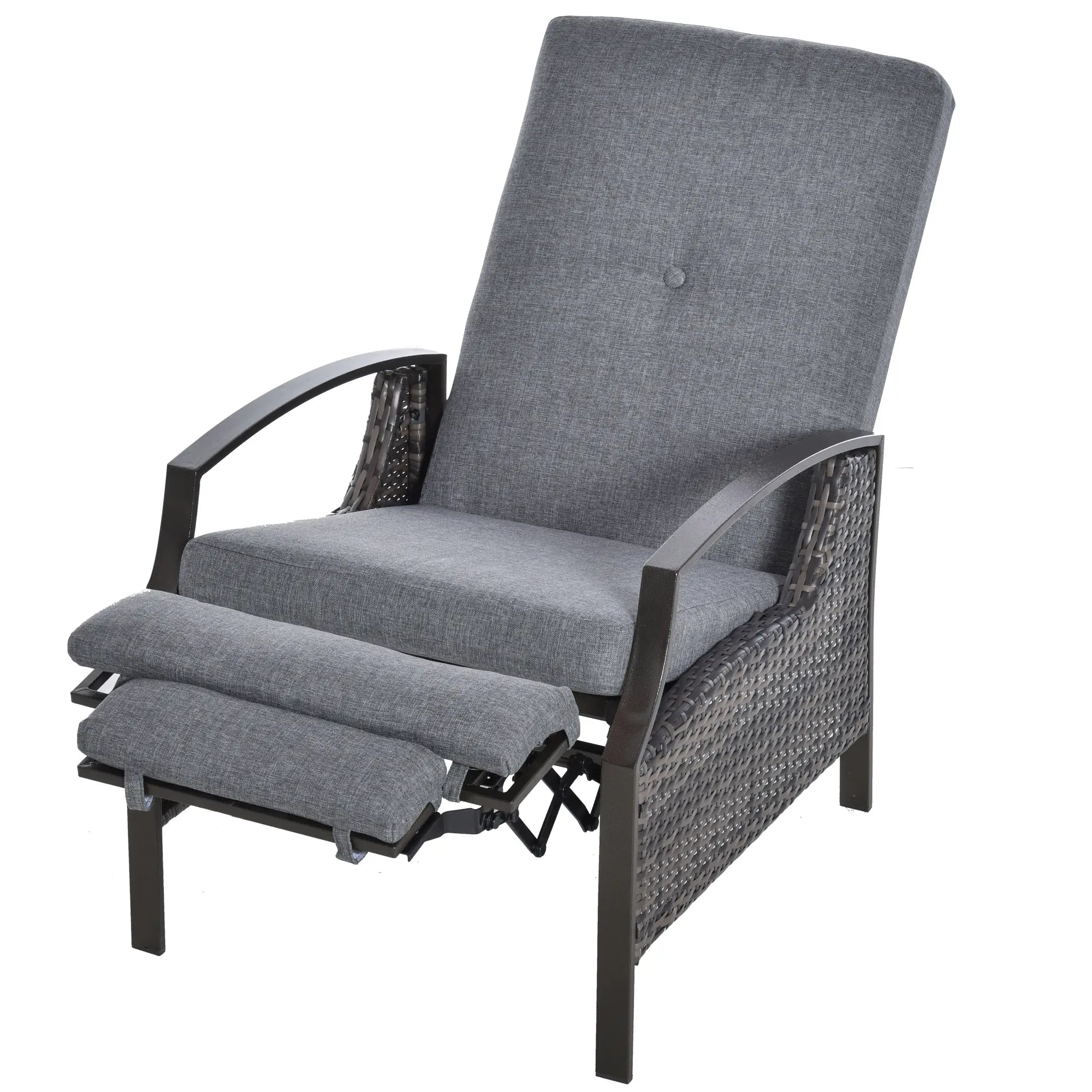 Outdoor Rattan Recliner Chair, Adjustable Back, Retractable Footrest, Grey Chaise Loungers at Gallery Canada