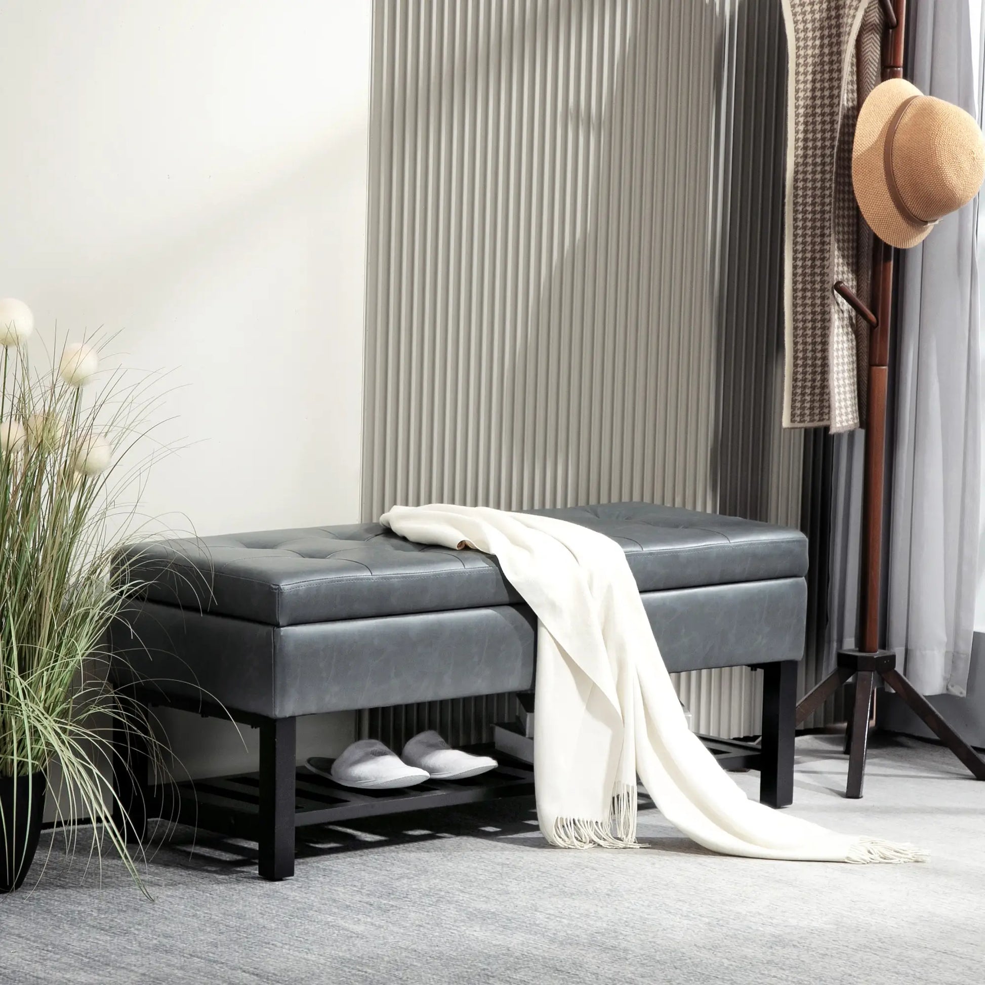 44 PU Leather Tufted Ottoman, Shoe Bench, Storage Chest, Grey Shoe Storage Cabinets & Racks at Gallery Canada