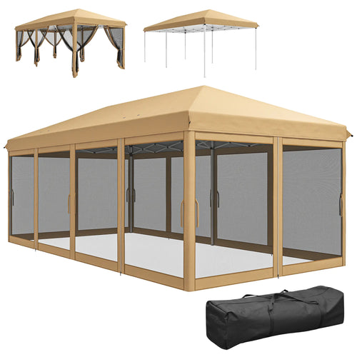 10' x 20' Pop Up Canopy Tent Gazebo, Removable Mesh Sidewalls, Carry Bag, Beige