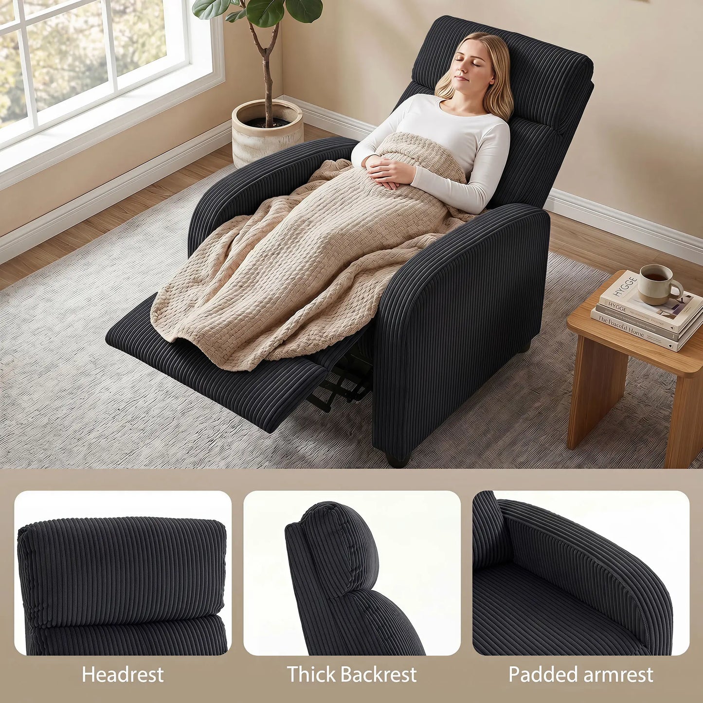 Fauteuil inclinable Corduroy, siège rembourré, noir