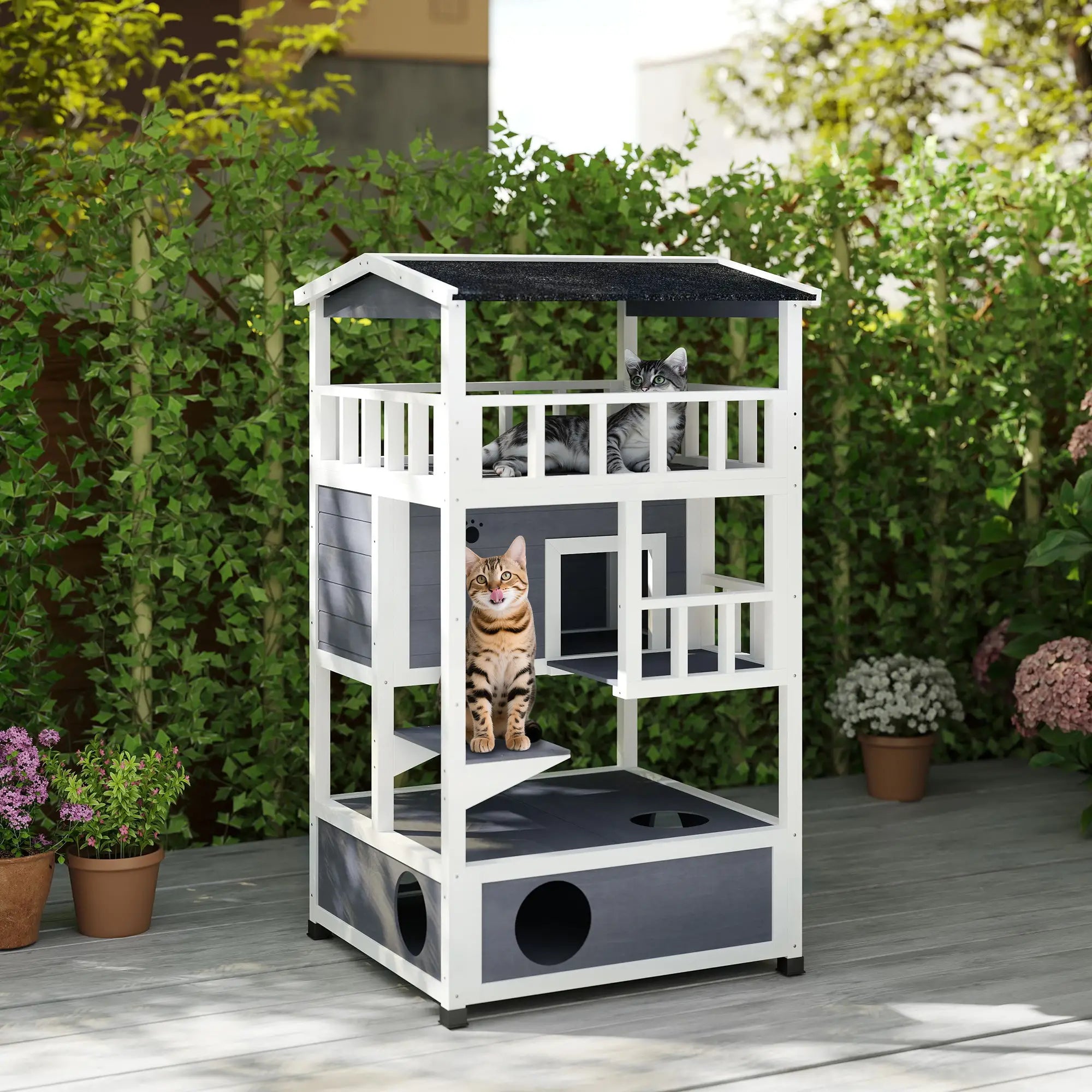 4-Floor Wood Outdoor Cat House, Condo, Fun Entrances, Perch, Grey Cat Houses at Gallery Canada