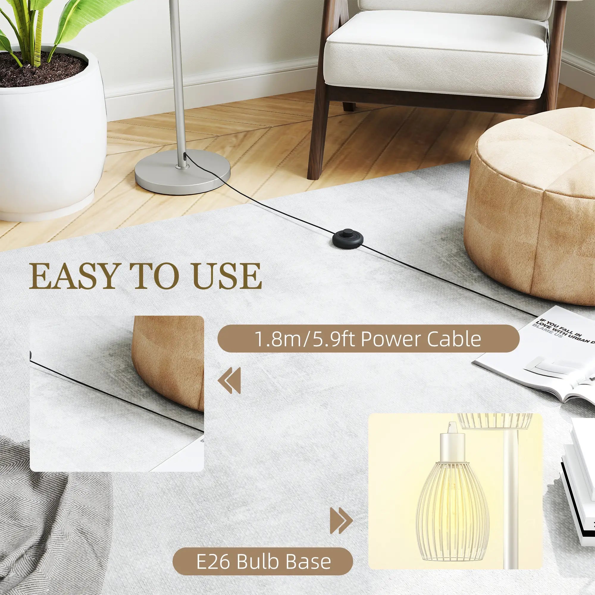 Industrial Floor Lamp, 3 Hanging Wire Lampshades, Dimmable, Silver Floor Lamps & Ceiling Fan Lights at Gallery Canada