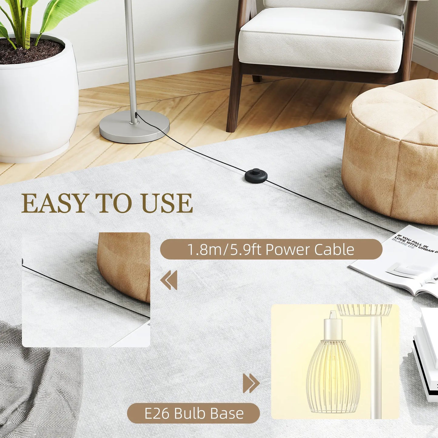 Industrial Floor Lamp, 3 Hanging Wire Lampshades, Dimmable, Silver Floor Lamps & Ceiling Fan Lights at Gallery Canada