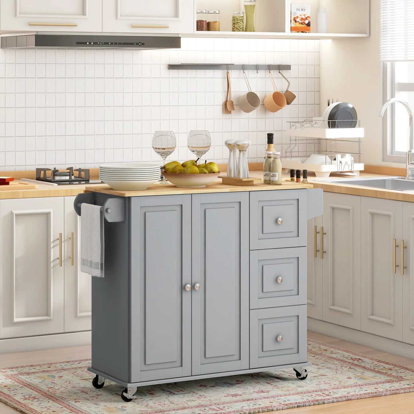 Kitchen Island on Wheels, Drop Leaf Cart with Drawers, Grey Kitchen Islands & Kitchen Carts at Gallery Canada