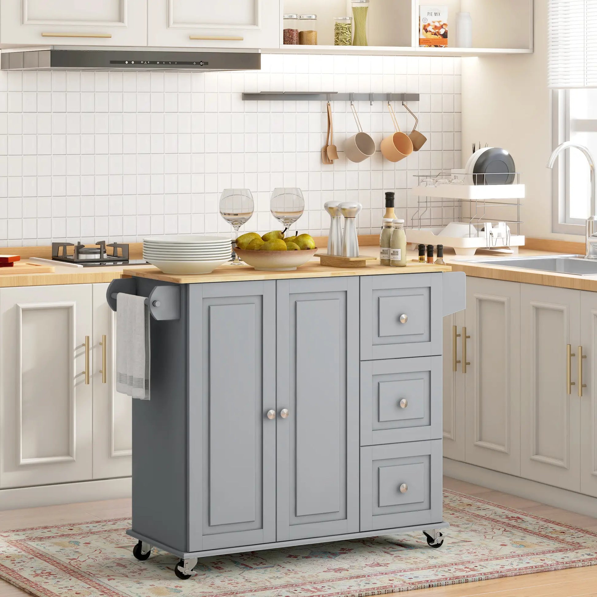 Kitchen Island on Wheels, Drop Leaf Cart with Drawers, Grey Kitchen Islands & Kitchen Carts at Gallery Canada