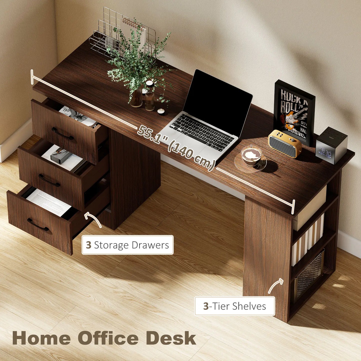 55 Inch Computer Desk, 3-Tier Shelves, 3 Reversible Drawers, Walnut Computer Desks at Gallery Canada