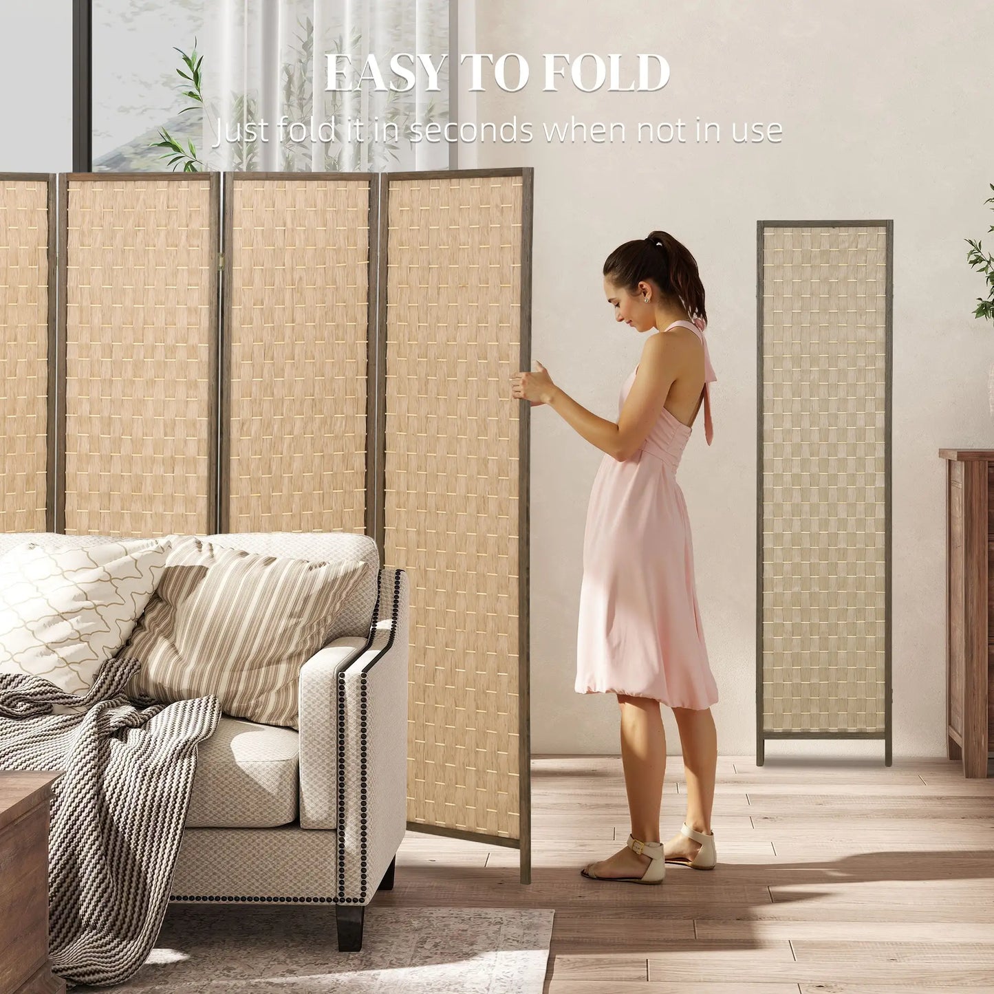 6 FT 4 Panel Folding Privacy Screen, Brown Room Divider, Brown