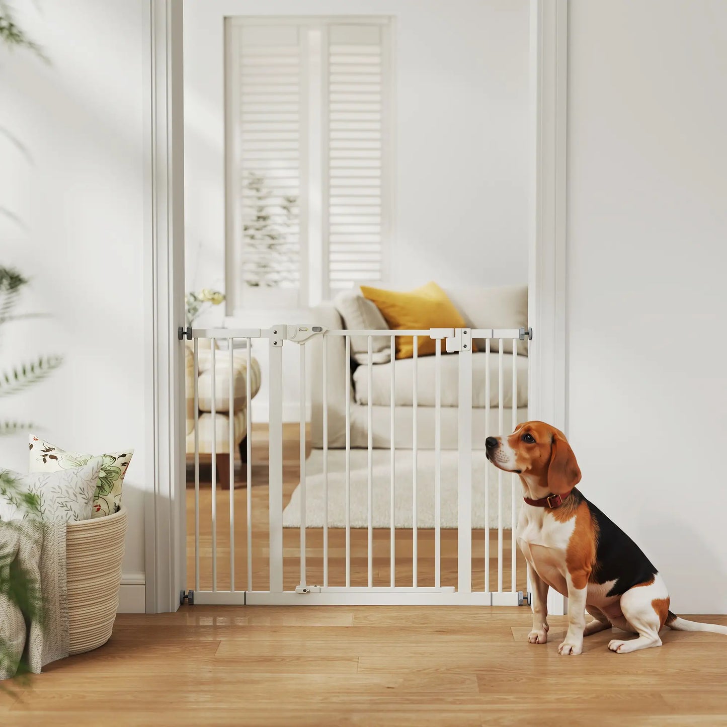 Pet Gate with Door, 30 in Tall, Pressure-Mounted Safety Gate, White
