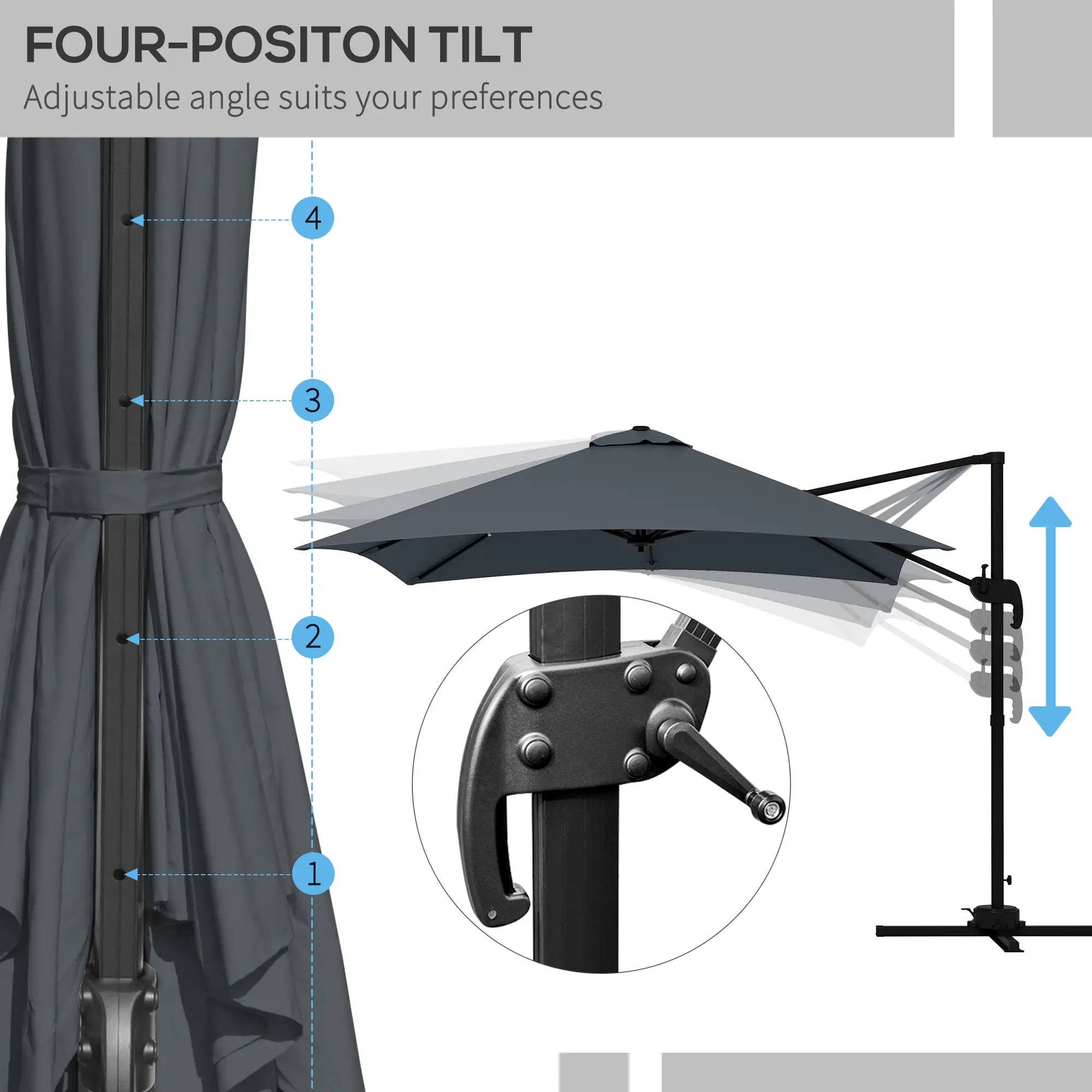 10x10ft Rotatable Square Cantilever Umbrella, 4 Adjustable Angles, Dark Grey Cantilever Umbrellas at Gallery Canada