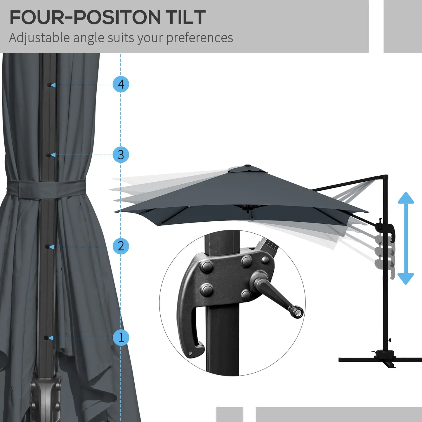 10x10ft Rotatable Square Cantilever Umbrella, 4 Adjustable Angles, Dark Grey Cantilever Umbrellas at Gallery Canada