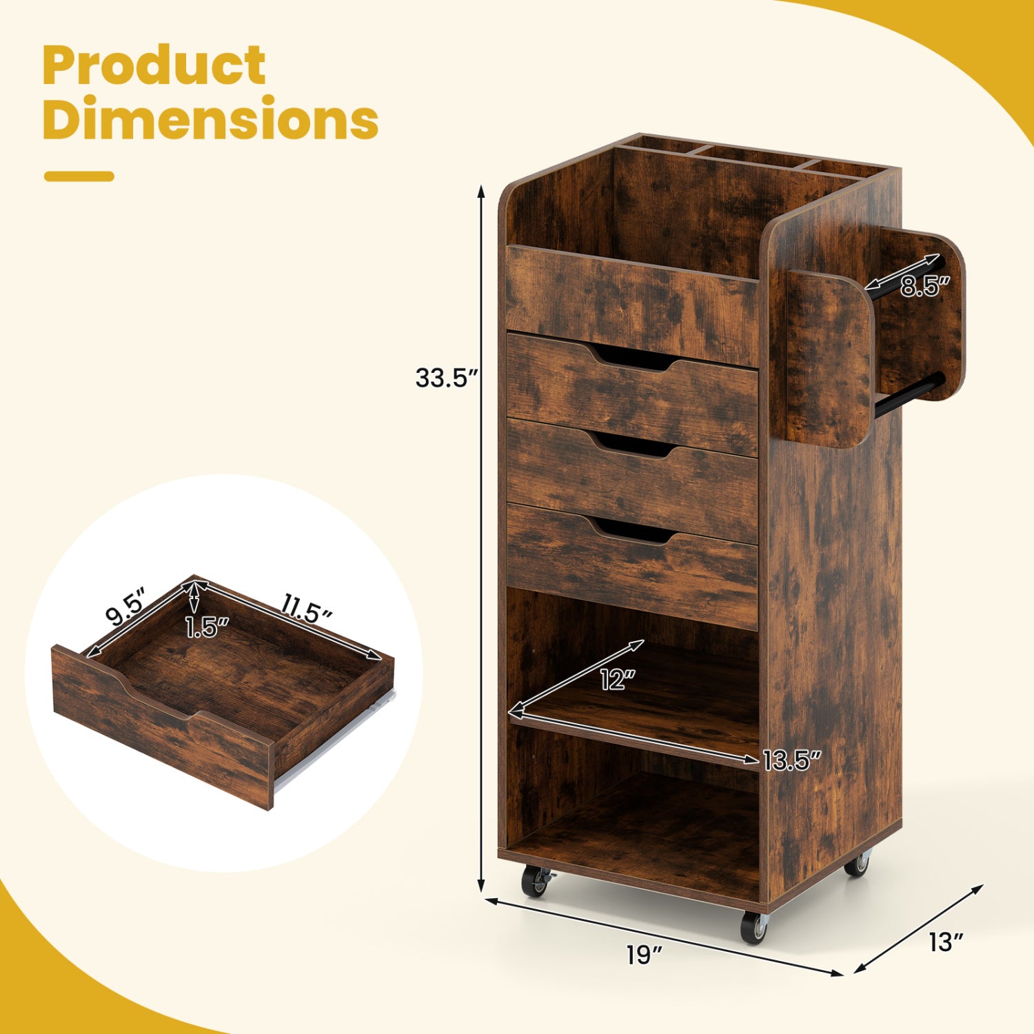 Utility Trolley With 3 Drawers, Rustic Brown Bookcases at Gallery Canada