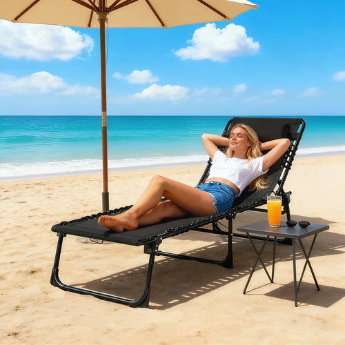 Outdoor Folding Lounge Chair, 4-Level Adjustable, Black