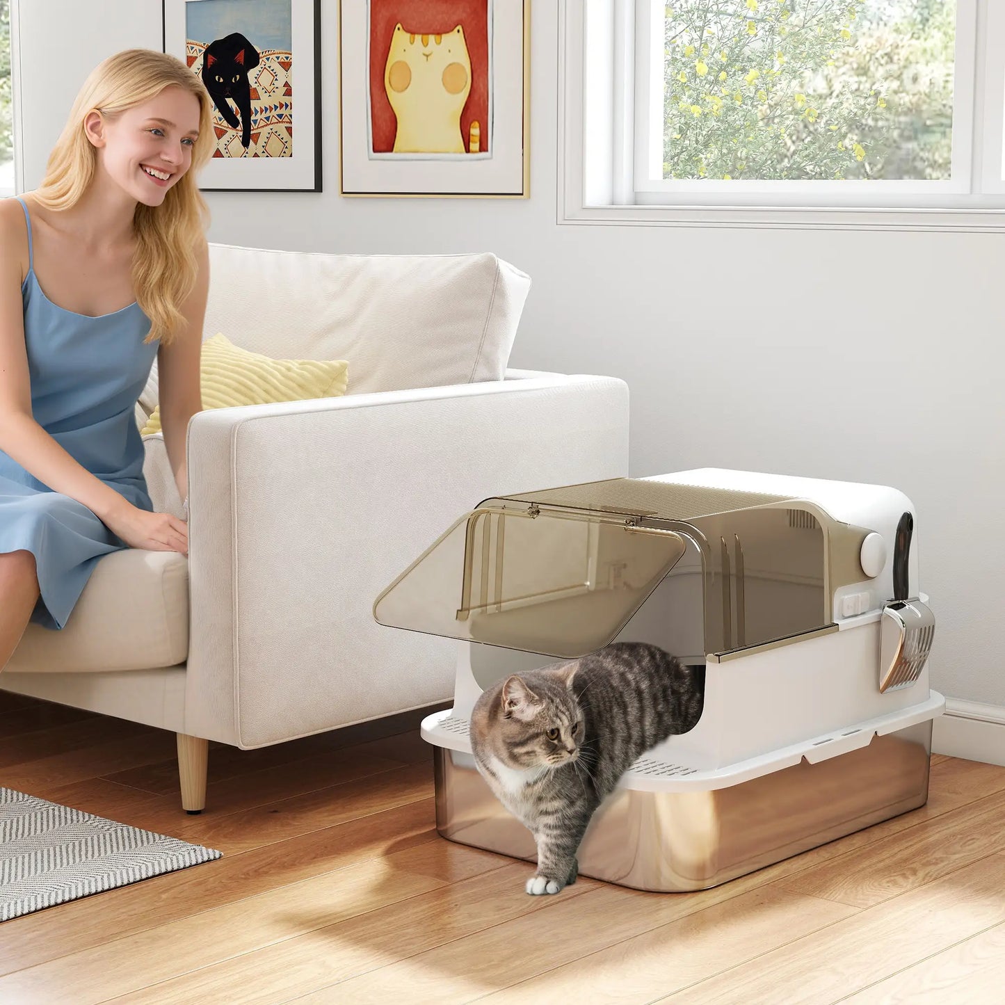 Stainless Steel Cat Litter Box, Easy Clean Enclosure, 27.6" L x 19.7" W x 18.3" H, White Cat Litter Box Enclosures at Gallery Canada