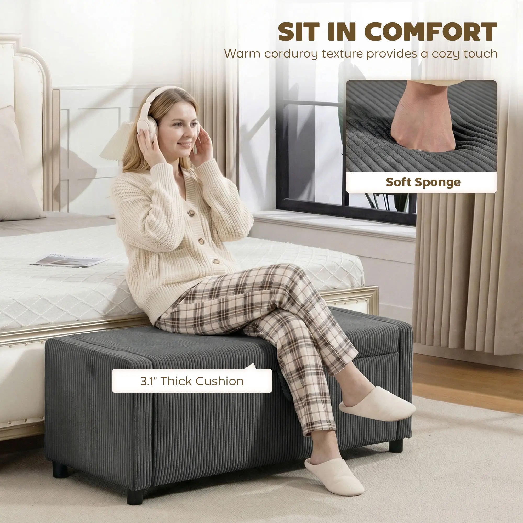 Upholstered Corduroy Storage Ottoman, Dark Grey Storage Ottomans & Benches at Gallery Canada