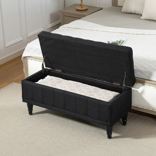 Storage Ottoman, Linen Fabric, Button Tufted, Black