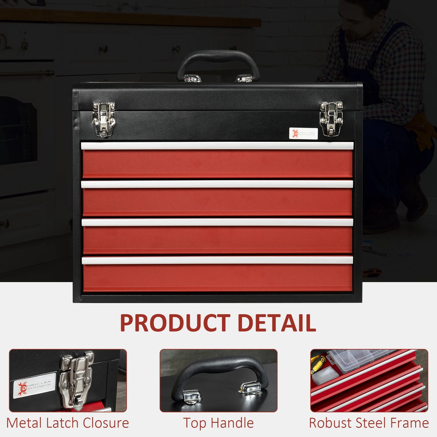 15.6" Tall Portable Metal Tool Box, 4 Drawer Lockable Chest, Red Tool Organizers at Gallery Canada