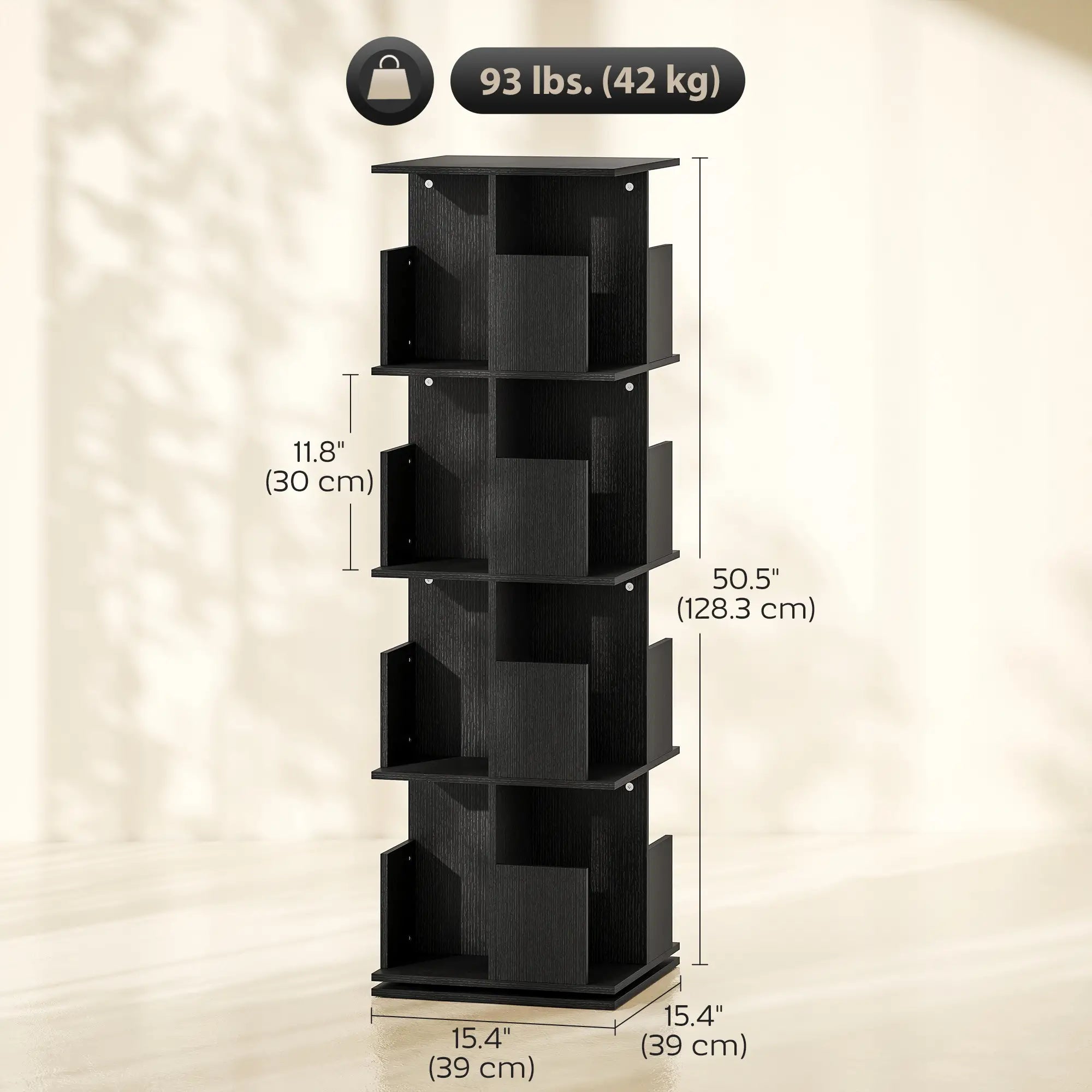 360° Rotating Bookcase, 4 Tier Bookshelf with 16 Cubbies, Black Wood Grain, Black Display Bookshelves at Gallery Canada