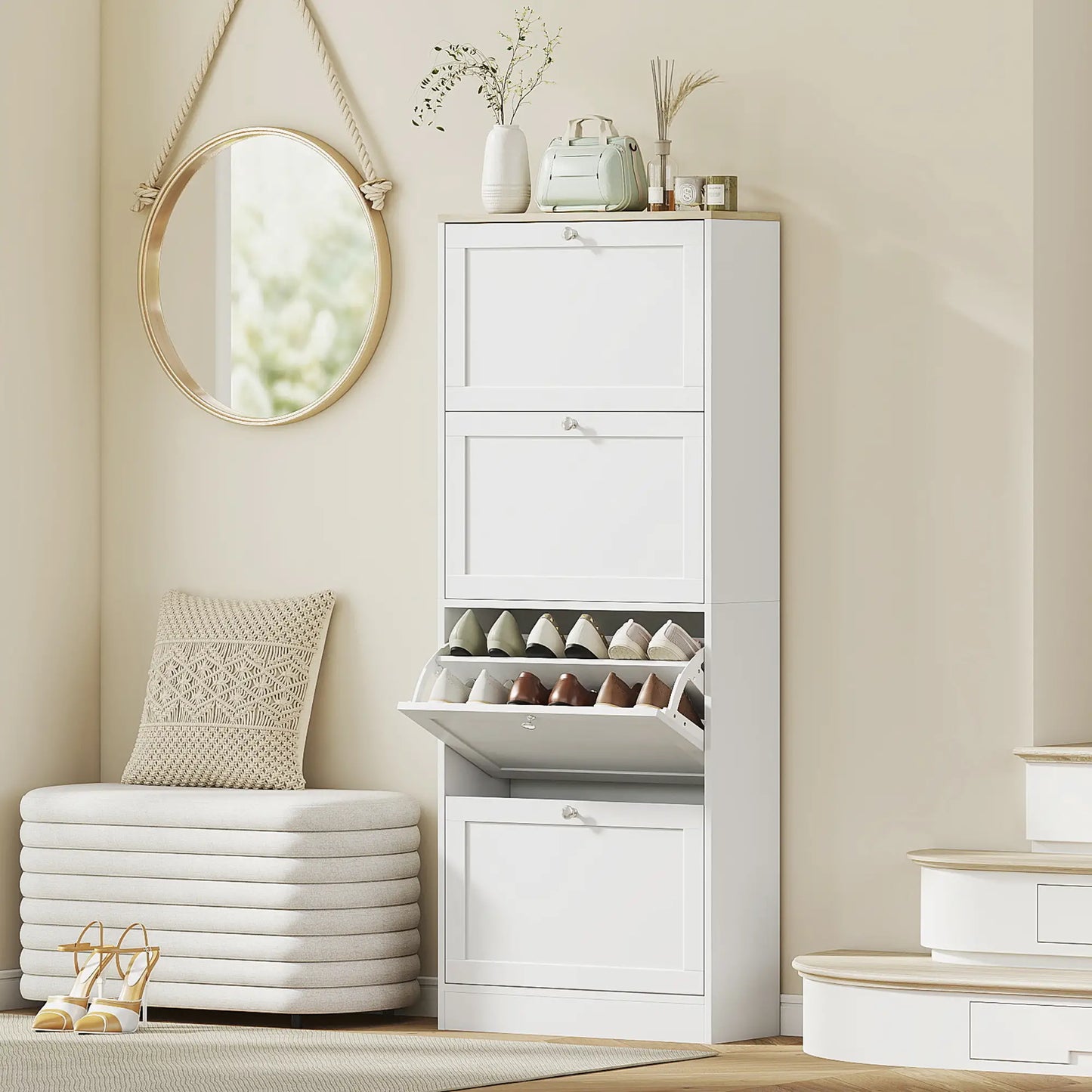 Shoe Storage Cabinet, 4 Flip Drawers, Adjustable Shelves, 18-24 Pairs, White