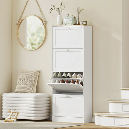 Shoe Storage Cabinet, 4 Flip Drawers, Adjustable Shelves, 18-24 Pairs, White