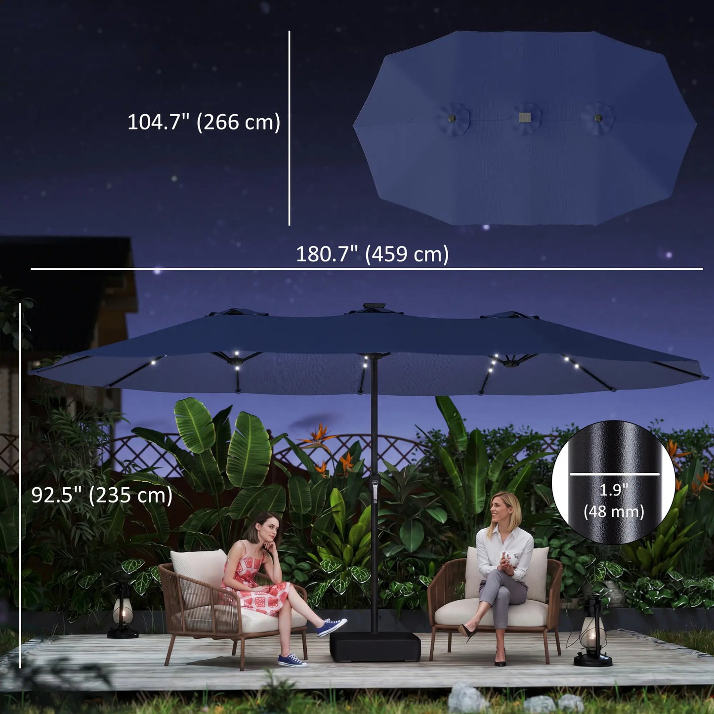 Double-Sided Patio Umbrella, 15ft, 48 LED Lights, Base Included, Dark Blue Double-sided Umbrellas at Gallery Canada